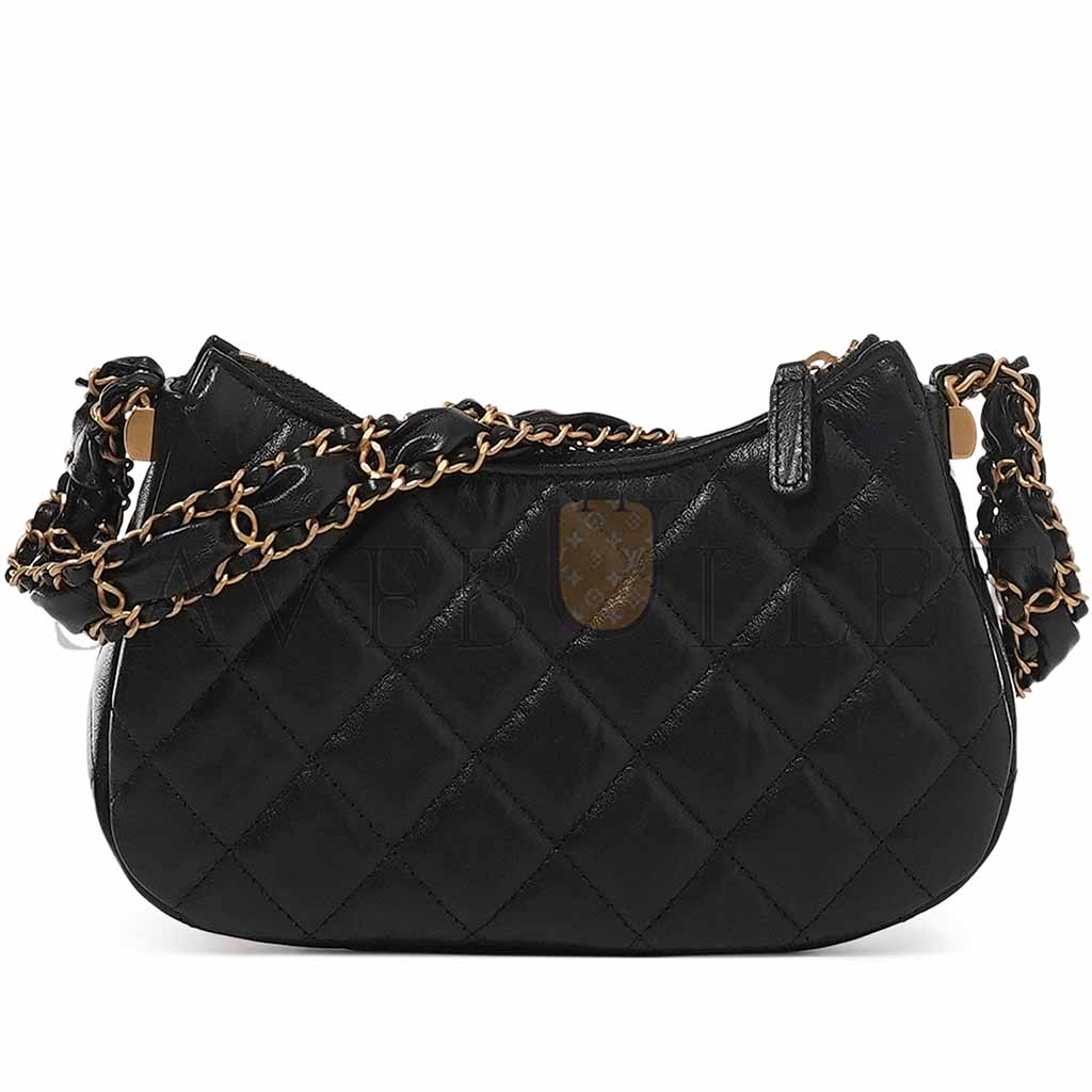 Ch*el black quilted lambskin hobo bag brushed gold hardware (20.5*12*4.5cm)